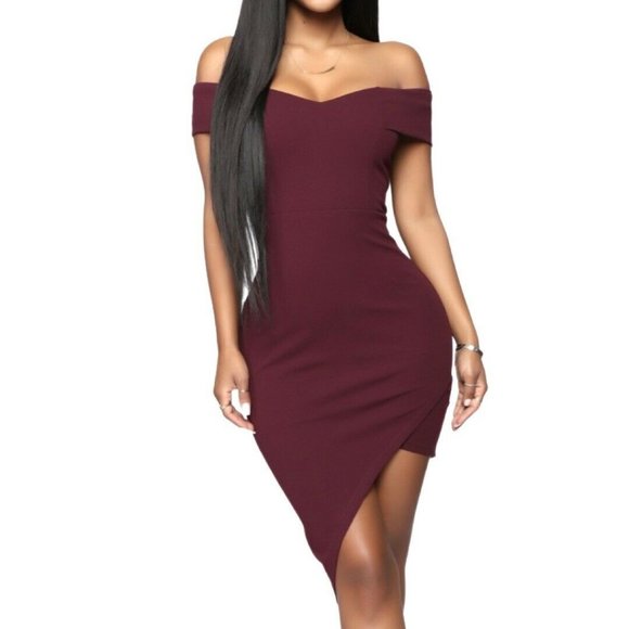 Fashion Nova Dresses & Skirts - Fashion Nova Do Or Die Off the Shoulder Asymmetrical Sangria Knit Dress Size L